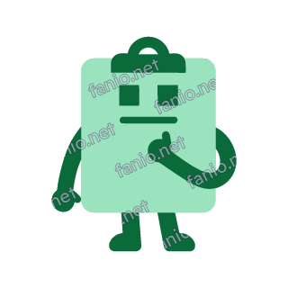 A pale green clipboard mascot with a dark clip on top, square eyes and a straight mouth, tapping its chin with one hand.