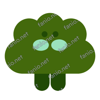 A puffy olive green cloud mascot with tiny dark eyes and pale green cheeks, standing on two short dark green legs.