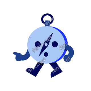 A pale blue pocket compass mascot with a needle between two eyes, pointing ahead with one dark blue hand while marching on two legs.