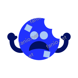 A bright blue round cookie mascot with a bite missing and pale blue chips, startled eyes and a frown, raising both arms in alarm.