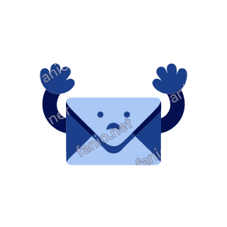 A pale blue envelope mascot with a dark blue flap, two round eyes and a small worried mouth, raising two dark blue hands above its head.