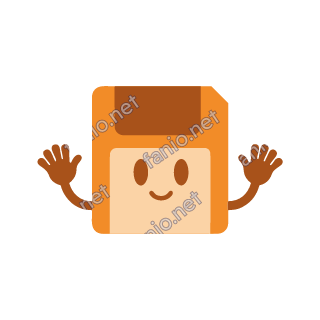 An orange floppy disk mascot with a brown shutter and a pale label carrying two eyes and a small smile, waving both hands.