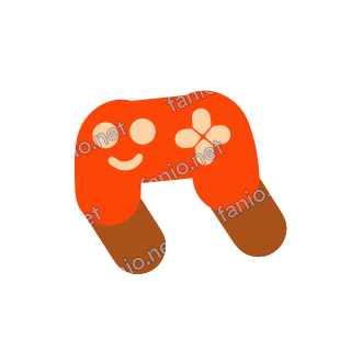 A red orange game controller mascot whose round buttons form two eyes, with a smile and a cross pad, its brown grips swinging like legs.
