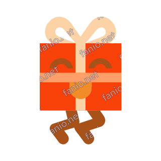 A red orange gift box mascot with a pale orange ribbon and bow, smiling closed eyes and a tongue out, jumping on two brown legs.