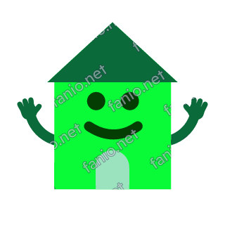 A bright green house mascot with a dark green roof and a pale green door, round eyes and a big smile, waving both arms.