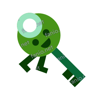 A green door key mascot with a round bow holding a pale ring, a tiny face, walking diagonally on two dark green legs.