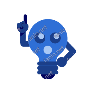 A blue lightbulb mascot with a ribbed base, big round eyes and an amazed round mouth, pointing one finger up as if it just had an idea.