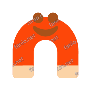 A red orange horseshoe magnet mascot with pale orange tips, two round eyes and a big smile on its curved top.
