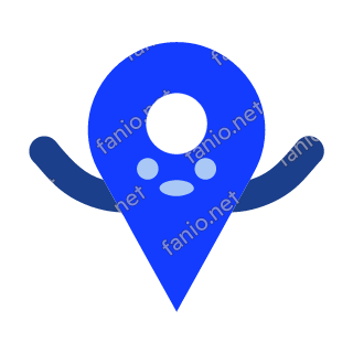 A bright blue map pin mascot with a round hole near the top and a small face, balancing on its point with both arms stretched out.