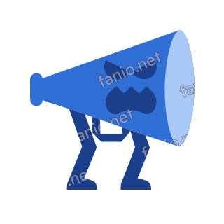 A blue cone megaphone mascot with a pale blue rim, squinting eyes and a shouting mouth, braced on two dark blue legs.