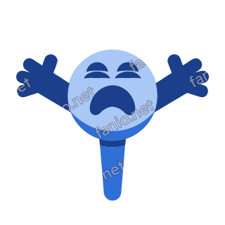 A blue microphone mascot with a pale blue round head, eyes squeezed shut and a wide open mouth, flinging both arms open.