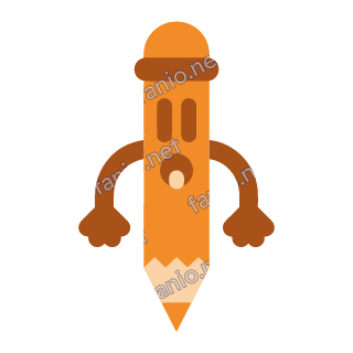 An orange pencil mascot standing on its sharpened point, with an eraser cap, narrow eyes and a small open mouth, arms bent at its sides.