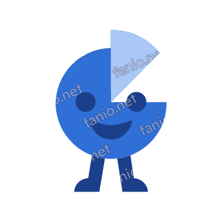 A blue pie chart mascot with one pale blue slice pulled out, two round eyes and a proud smile, standing on two dark blue legs.