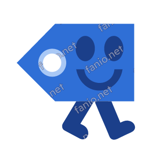 A blue price tag mascot with a pointed end and a pale ring around its hole, two oval eyes and a smile, walking on two legs.