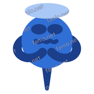 A blue push pin mascot with a pale blue cap, wide eyes and a wobbly mouth, hugging itself above one short pin.