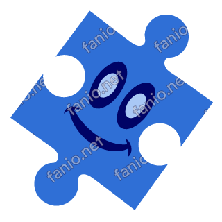 A blue jigsaw puzzle piece mascot with two knobs and two notches, tilted to one side, with cheeky oval eyes and a lopsided smile.