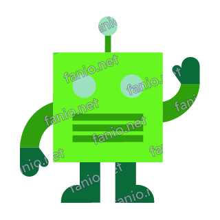 A bright green box robot mascot with one antenna, round lamp eyes and a grille mouth, waving one arm while standing on two legs.