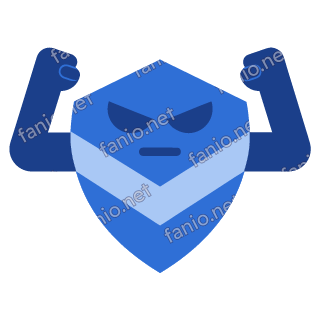 A blue pointed shield mascot with a pale blue chevron, slanted determined eyes and a firm mouth, flexing two strong dark blue arms.