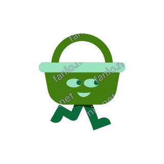 A green shopping basket mascot with an arched handle and a pale green rim, sideways glancing eyes and a sly smile, walking on two legs.