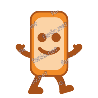 An orange smartphone mascot with a pale orange screen showing two round eyes and a smile, arms out and stepping on two brown legs.