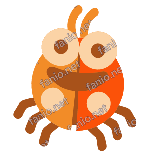 An orange beetle mascot with a split shell, two antennas, big eyes and a mischievous grin, scuttling on six brown legs.