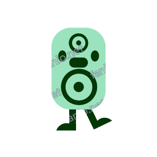 A pale green loudspeaker box mascot with a small and a large dark green speaker cone, two eyes and a mouth, walking on two dark legs.