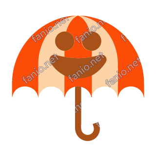 An open umbrella mascot with red orange and pale orange panels, two round eyes and a big smile on the canopy, standing on its curved handle.
