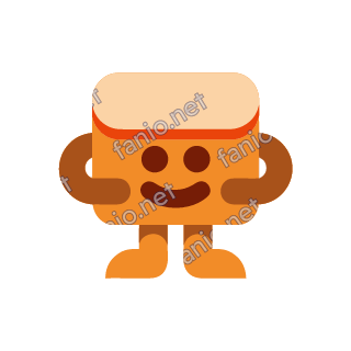 An orange wallet mascot with a pale snap flap, round eyes and a grin, hugging its own sides on two short legs.