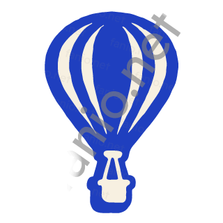 A blue hot air balloon with cut out stripes and a small basket.