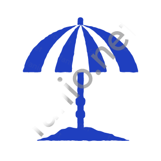 A blue beach umbrella standing in the sand by the sea.