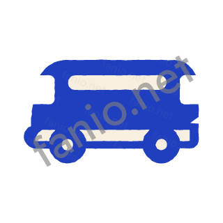 A blue bus seen from the side with a row of cut out windows.