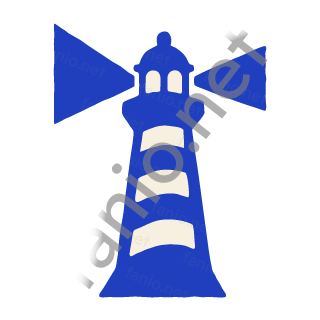 A blue lighthouse tower with cut out windows and a lamp room.