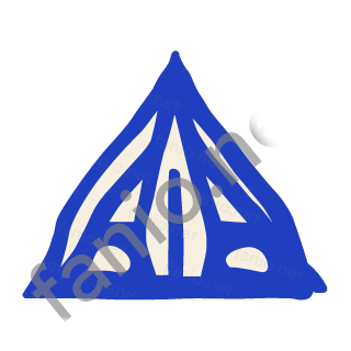 A blue triangular tent with a cut out door.
