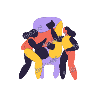 An organic cutout illustration of two women with dark hair, in coral, yellow and aubergine pieces, leaning together in front of a large lilac and coral shape, one raising a dark hand above them.