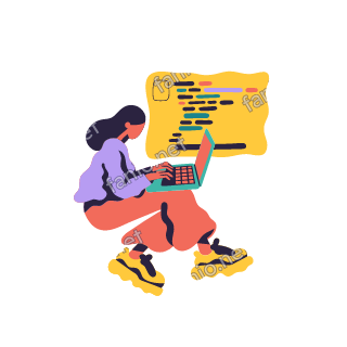 An organic cutout illustration of a woman with dark hair in a lilac top, coral trousers and yellow sneakers, crouching as she types on a teal and coral laptop in front of a yellow screen of colourful code lines.