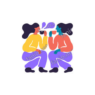 An organic cutout illustration of two women with long dark hair, one in yellow and one in coral with a teal face, crouching face to face in lilac trousers and sipping from cups, with a lilac speech bubble between them.