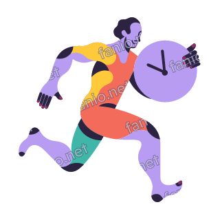 An organic cutout illustration of a man in a coral and yellow top with lilac limbs, running at full stride while holding a large lilac clock under his arm.