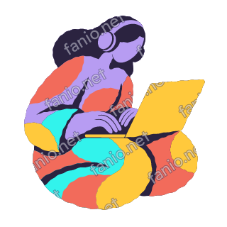 An organic cutout illustration of a woman with dark hair wearing lilac headphones, sitting curled in coral, cyan and yellow layers and typing on a yellow laptop.