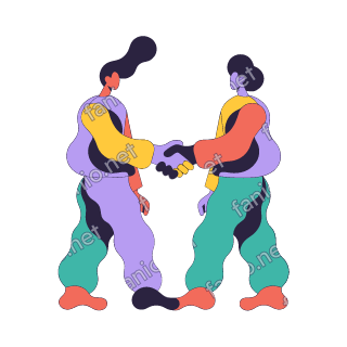 An organic cutout illustration of two people in lilac tops with yellow and coral sleeves and wavy teal and lilac trousers, standing face to face and shaking hands.