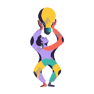 An organic cutout illustration of a man in lilac, coral, teal and yellow patches holding a large yellow light bulb above his head with both hands as he looks up at it.