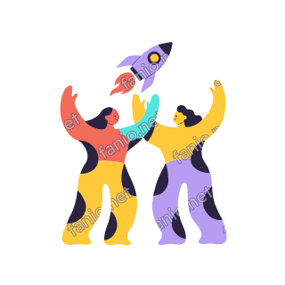 An organic cutout illustration of two women in coral, yellow and lilac outfits with aubergine spots, raising their arms in joy as a lilac rocket with a coral flame flies above them.