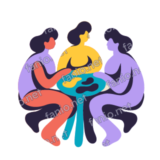An organic cutout illustration of three women with dark hair, in lilac, sunflower and coral, sitting close around a small round teal table scattered with abstract yellow and aubergine shapes.