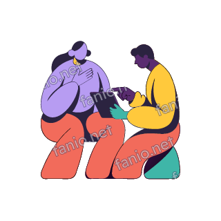 An organic cutout illustration of a man in a yellow sweater sitting on a teal stool and pointing at a tablet, while a woman in lilac sits beside him with her hand on her chest.