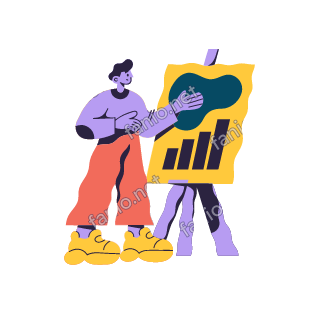 An organic cutout illustration of a young man in a lilac top, coral trousers and yellow sneakers, standing beside an easel and pointing to a yellow board with a teal blob and a rising aubergine bar chart.