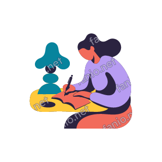 An organic cutout illustration of a woman with long dark hair in a lilac sweater, sitting at a yellow desk and writing with a pen in an open coral notebook under a teal lamp.