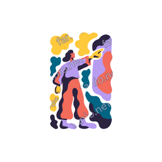 An organic cutout illustration of a woman with dark hair in a lilac top and coral trousers, pointing a yellow pointer at a tall lilac board with a coral blob, framed by yellow, teal and aubergine shapes.