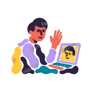An organic cutout illustration of a smiling man with dark hair in a lilac top, waving at a laptop whose lilac screen shows a yellow face waving back.