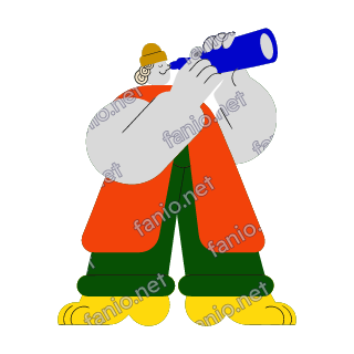 A flat illustration in big colour blocks of an astronomer looking up through a short blue telescope held to one eye.