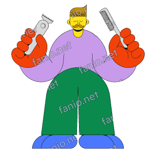 A flat illustration in big colour blocks of a barber with a moustache in a lilac top holding a hair clipper in one hand and a comb in the other.
