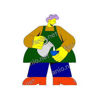 A flat illustration in big colour blocks of a barista in a green apron pouring milk from a jug into a small blue cup.
